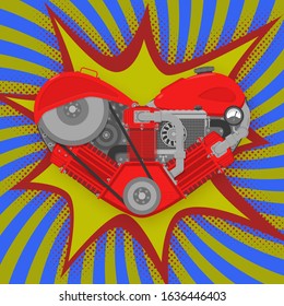 Steampunk motor heart retro poster. Valentines day vector illustration.