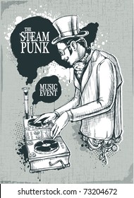 Steampunk Musical Poster With Retro Styled Dj. Layered. Vector EPS 10 Illustration.