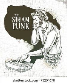 Steampunk musical poster with retro styled dj. Layered. Vector EPS 10 illustration.