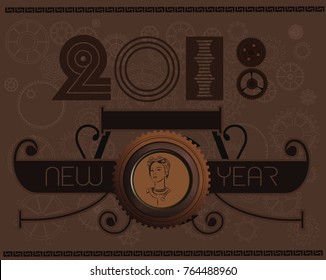 Steampunk New Year vintage signboard menu on background with cogs, gears on canvas paper