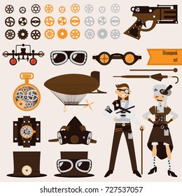 Steampunk objects and characters set. Airship, goggles, gears, old fashioned revolver.