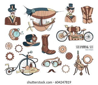 Steampunk objects and mechanism collection: machine, clothing, people and gears. Hand drawn vintage style illustration set.