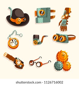 Steampunk objects set, antique mechanical devices and mechanisms vector Illustration on a white background