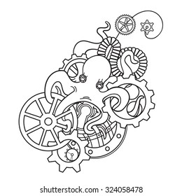 Steampunk octopus with gears and mechanisms.