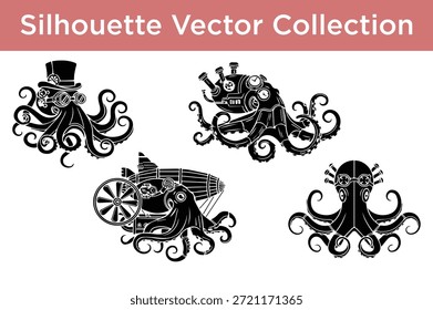 Siluetas de pulpo Steampunk aisladas sobre fondo blanco, Vector