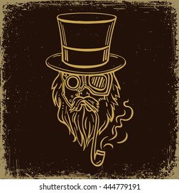 Steampunk old man in top hat and glasses with the beard and moustache and a smoking pipe, retro, vector illustration,  vintage sketch hand drawn