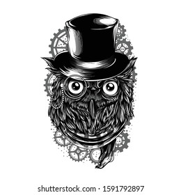 Steampunk Owl Black and White Illustration