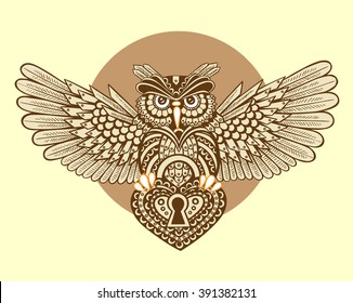 Steampunk owl with spread wings with a keyhole in the style of linework