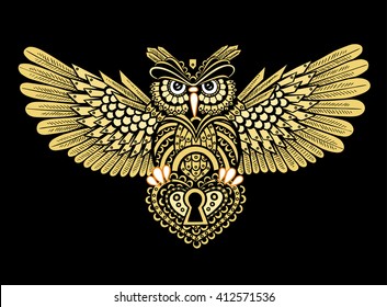 Steampunk owl with spread wings with a keyhole in the style of linework. Gold on the black