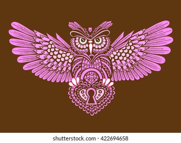 Steampunk owl with spread wings with a keyhole in the style of linework. Gold on the black