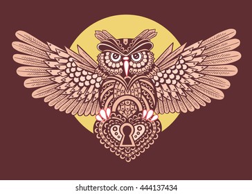 Steampunk owl with spread wings with a keyhole in the style of linework. Gold on the black