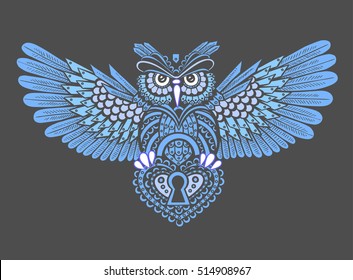 Steampunk owl with spread wings with a keyhole in the style of linework