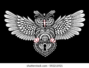 Steampunk owl with spread wings with a keyhole in the style of linework. White on black