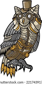 Steampunk Owl. Technology. Flat Cartoon Style Suitable for Landing Web Pages, Banners, Flyers, Stickers, Cards
