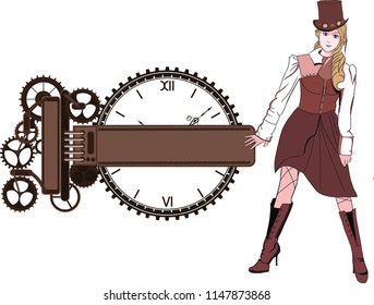 Steampunk Paris or London girl anime with frame banner and mechanical cogs and gears 