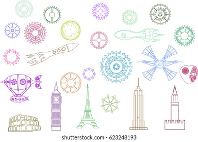 Steampunk Paris, London, New York, Moscow and Rome with cogs, mechanisms, airship and starships