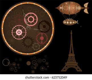 Steampunk paris, mechanical cogs and airship