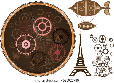 Steampunk paris, mechanical cogs and airship