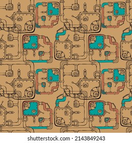 Steampunk pattern, doodle mechanisms and pipes, black contour hand drawing. Vector illustration