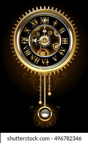 Steampunk pendulum clock in style of steampunk, gold and  brass gears on black background.