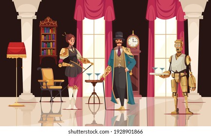 Steampunk People With Robotic Arms And Robot Servant In Room In Victorian Style Cartoon Vector Illustration