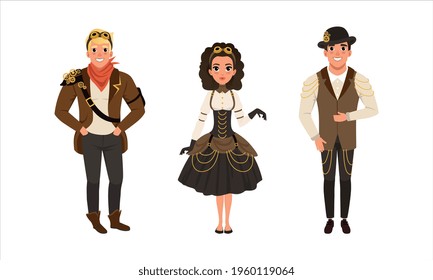 Steampunk People Set, Stylish Young Men and Women Wearing Retro Steampunk Suits and Goggles Cartoon Vector Illustration