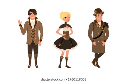 Steampunk People Set,Male and Female Persons Wearing Retro Stylish Steampunk Style Suits and Goggles Cartoon Vector Illustration