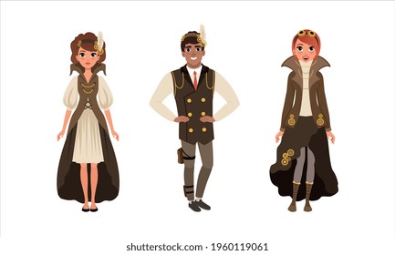 Steampunk People Set,Young Man and Woman Wearing Retro Stylish Steampunk Style Suits and Goggles Cartoon Vector Illustration