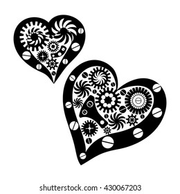 Steampunk picture. Love tattoo stencil. Pattern elements in a form of hearts made in vector.