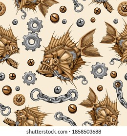 Steampunk Piranha Killer Retro Machine with Big Jaws Seamless Repeat Pattern Vector illustration
