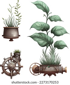 Steampunk plants clipart, isolated vector illustration.