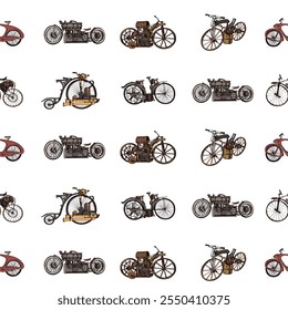 Steampunk Print with Old Bikes. Edwardian Seamless Pattern for Card. Victorian Style.