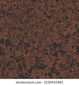 Steampunk Print with Old Bikes and Gears. Edwardian Seamless Pattern for Card. Victorian Style.