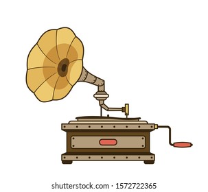 Steampunk retro gramophone isolated. Vintage cartoon phonograph. Vector illustration.