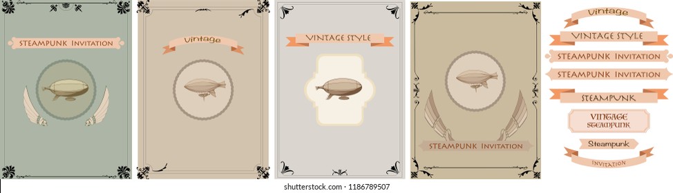 Steampunk retro set frame vintage airships, banner retro