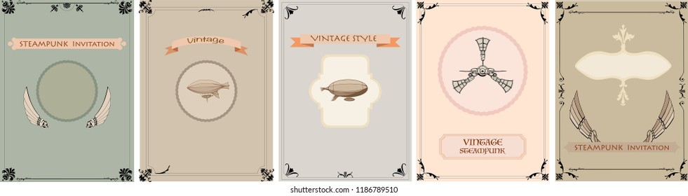 Steampunk retro set frame vintage airships, banner