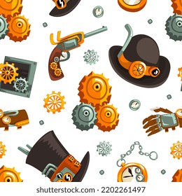 Steampunk Retrofuturistic Technology with Industrial Steam-powered Mechanism Vector Seamless Pattern