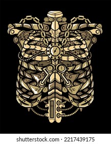 Steampunk Ribcage. Technology. Flat Cartoon Style Suitable for Landing Web Pages, Banners, Flyers, Stickers, Cards