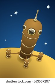 Steampunk rocket landing on a planet. Vector illustration