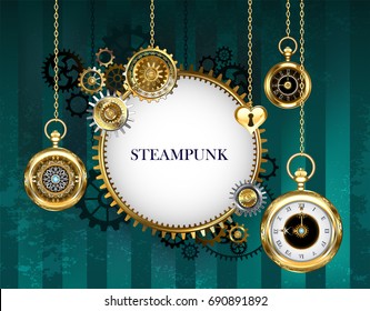 Steampunk round light banner with mechanical frame adorned with gears and antique clock on green striped background.