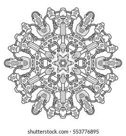 Steampunk round ornament. Retro industry steampunk circle pattern. Round technical elements mandala. Vector illustration.