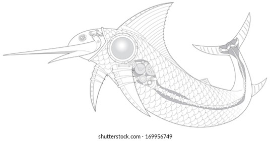 Steampunk Sailfish mechanical fish 3 vector illustration