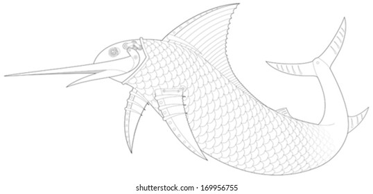 Steampunk Sailfish mechanical fish vector illustration