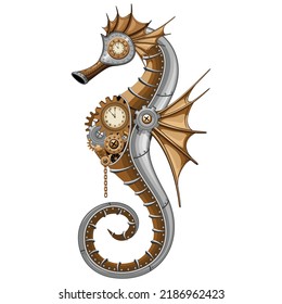 Steampunk Seahorse Vintage Surreal Art Vector Illustration isolated on white
