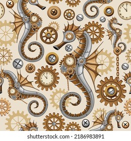 Steampunk Seahorse Vintage Surreal Art Vektor Nahtlose Wiederholung Textile Muster Design
