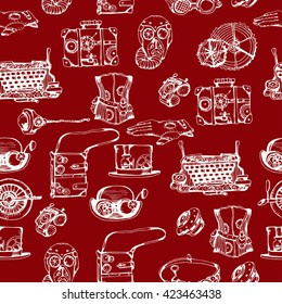 Steampunk seamless pattern, hand drawn vector illustration. Steampunk red background for your design.