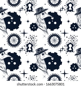 Steampunk seamless pattern with plague doctor, mechanism, cogwheels.