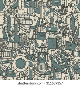 Steampunk seamless pattern. Science, technology, vintage, progress, chemistry, science, mechanism, diesel punk. Retro style industrial design for wrapping paper or background. Repetition illustration.