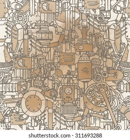 Steampunk seamless pattern. Science, technology, vintage, progress, chemistry, science, mechanism, diesel punk. Retro style industrial design for wrapping paper or background. Repetition illustration.