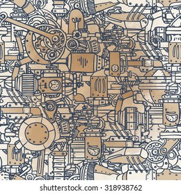 Steampunk seamless pattern. Science, technology, vintage, progress, chemistry, science, mechanism, diesel punk. Retro style industrial design for wrapping paper or background. Repetition illustration.